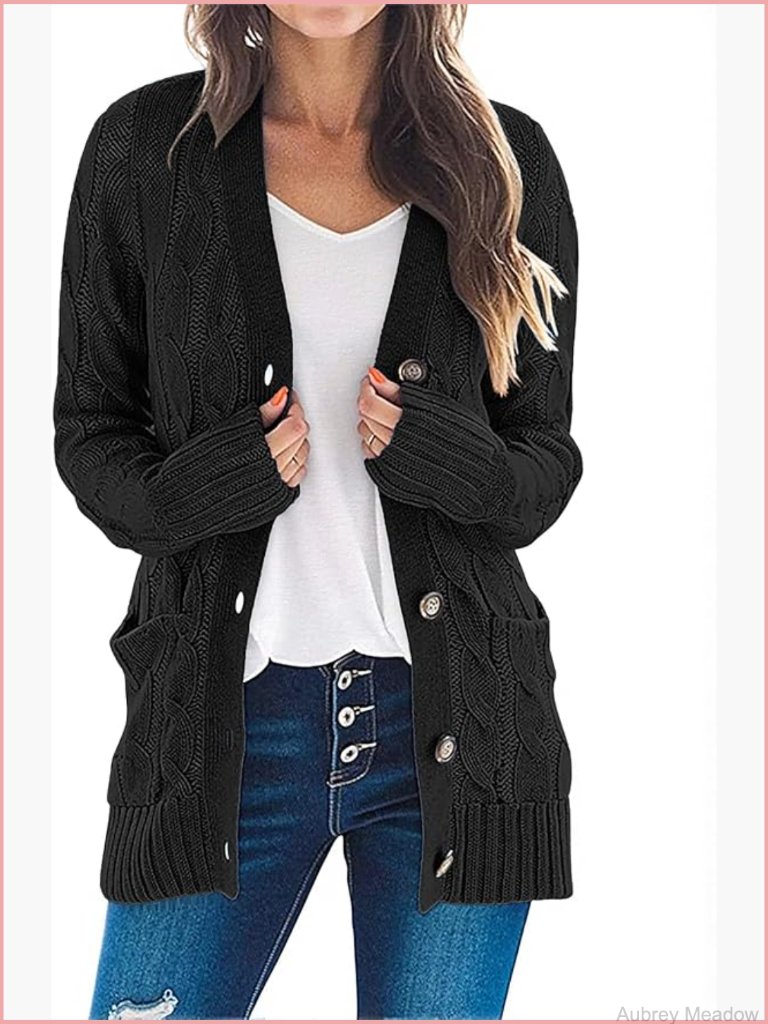 Long Sleeve Cable Knit Open Front Button Cardigan Sweater
